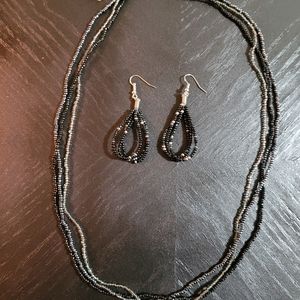 Black, Gray and Silver Seed Bead Necklace with Matching Earrings